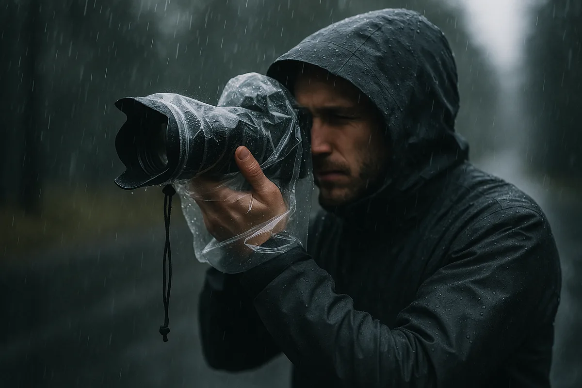Rainskin clear camera rain cover being field-tested on a mirrorless camera in the rain
